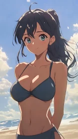 Sunlit anime beach portrait in teal bikini under sky.