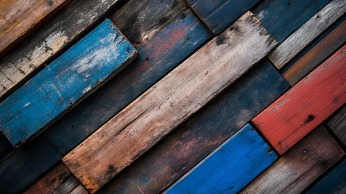 Weathered multicolored wooden planks in diagonal layout.