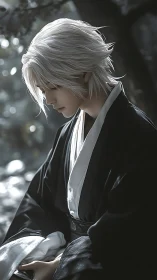 White-haired swordsman reflects quietly in dappled forest light.