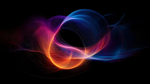 Colorful light trails form intertwined circular energy loop