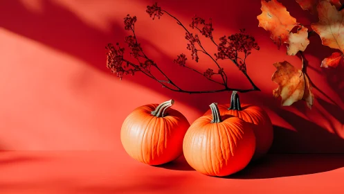 Three pumpkins stand against monochrome red backdrop