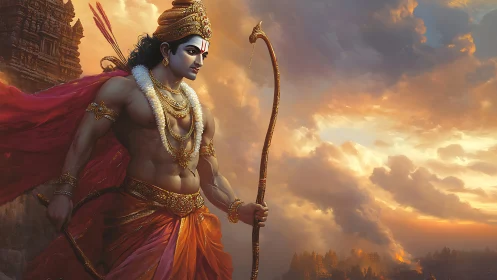 Sunlit warrior prince strides above burning horizon skies.