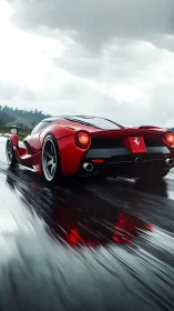 Red supercar powers through rainy track with cinematic drama