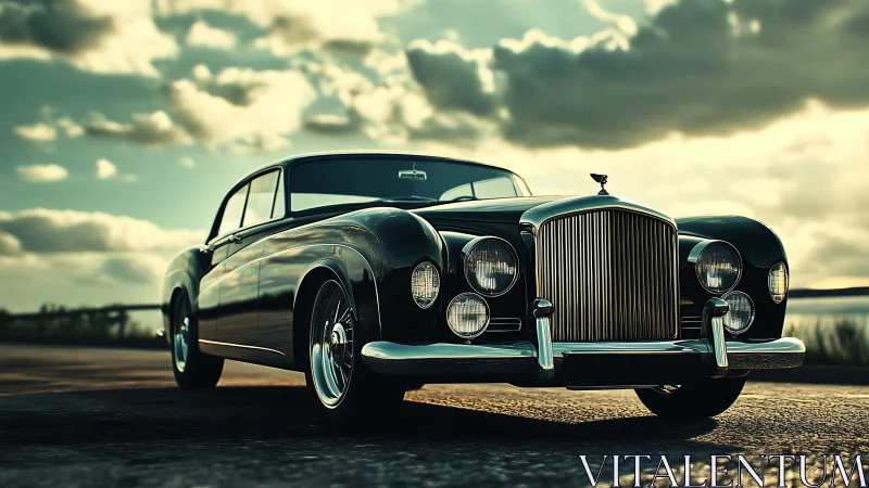 Sunlit classic car cruising into a golden open-road evening.