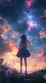 Backlit anime girl observes chromatic galactic sky at dusk