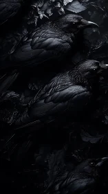 Nocturnal ravens aligned on obsidian foliage backdrop.