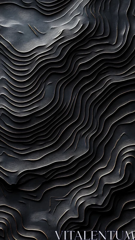 Dark metallic contour layers flow in sculpted abstract waves.