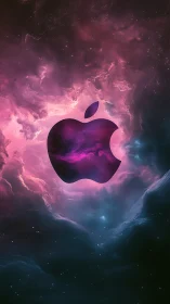 Logo silhouette over pink and teal cosmic nebula field.