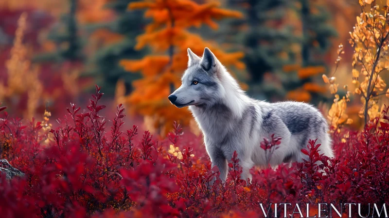 Silver wolf in saturated autumn undergrowth, lateral profile