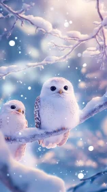 Snowy owl pair resting on frosted branch at dusk.