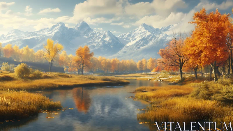 Golden autumn valley unfolds beneath snowcapped peaks.