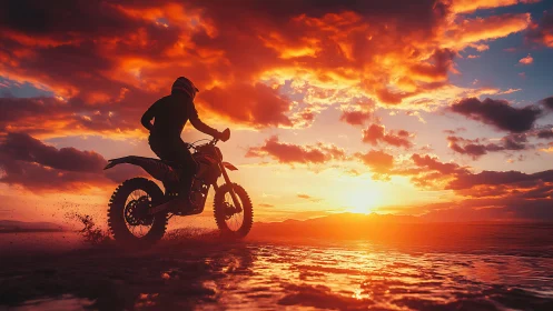 Silhouetted off-road motorcycle traversing tidal flats at sunset.