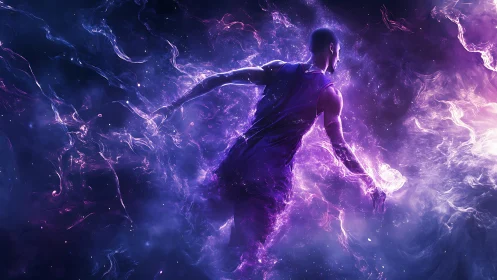 Cosmic basketball player sprints through swirling purple energy.