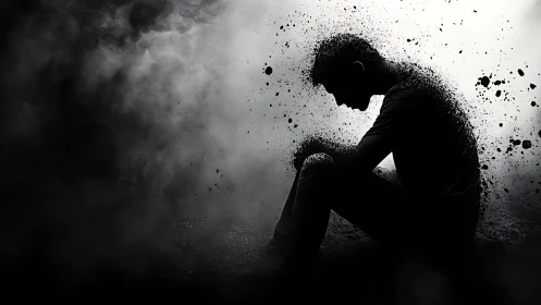 Silhouetted seated figure dissolves into dispersed particles