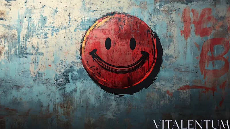 Red graffiti smiley face on distressed blue concrete wall.