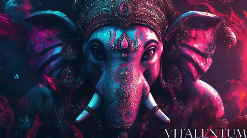 Digital rendering depicts ornate elephant-headed figure in neon
