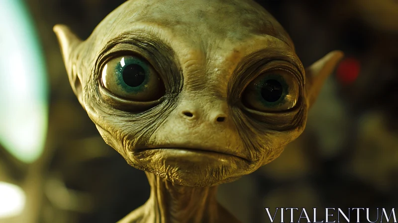 Alien portrait shows luminous eyes and textured skin closeup.