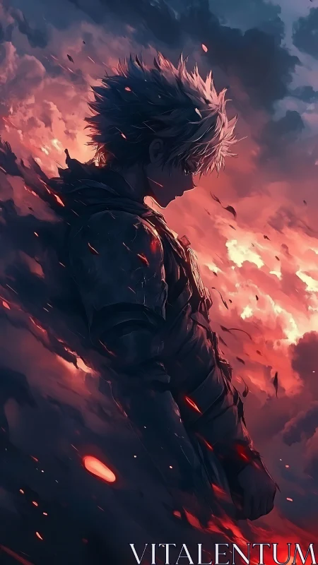 Silhouetted warrior dissolves into embers against incendiary sky