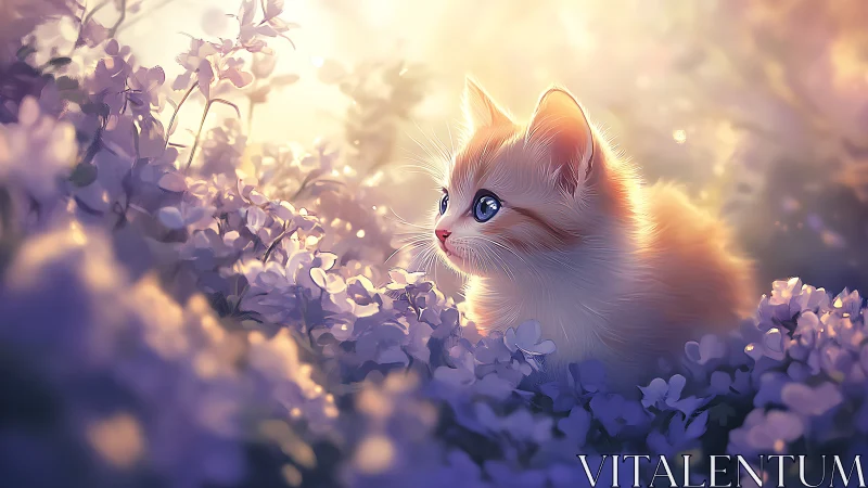 White kitten positioned among purple flowers in diffused lighting.