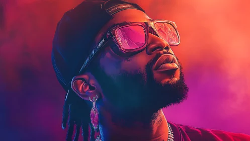 Cool portrait in glowing neon with reflective shades and style.