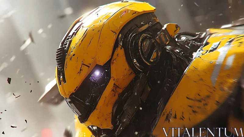 3D cybernetic mech portrait with distressed yellow armor shell.