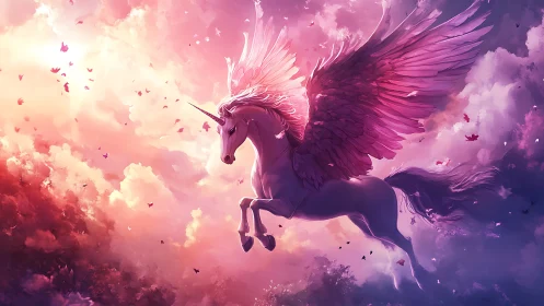 Winged unicorn soars through radiant twilight clouds.