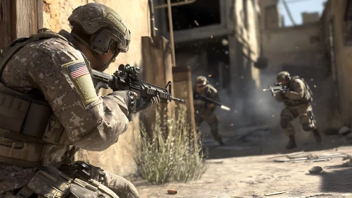 Ballistic urban squad engagement in high-fidelity render environment.