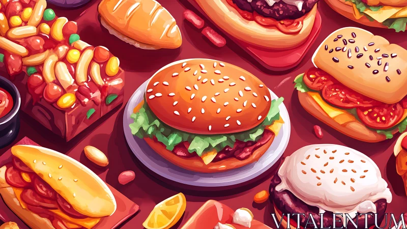 Colorful fast food spread showcases stylized burgers and buns