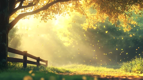 Sunlit forest path with wooden fence and falling leaves.
