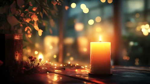 Candlelit still life with shallow depth of field and warm bokeh lighting