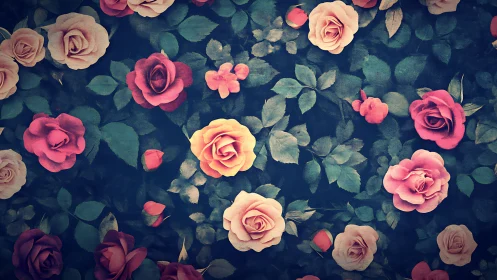 Vintage Floral Composition: Deep Teal Ground with Multi-Hued Roses.