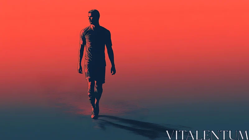 Solitary footballer walks across minimal sunset field