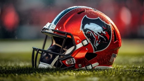 Stormbright football helmet gleams under stadium drizzle