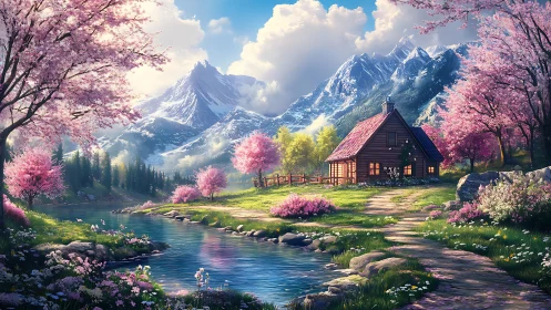 Riverside cabin below snowcapped peaks in spring bloom