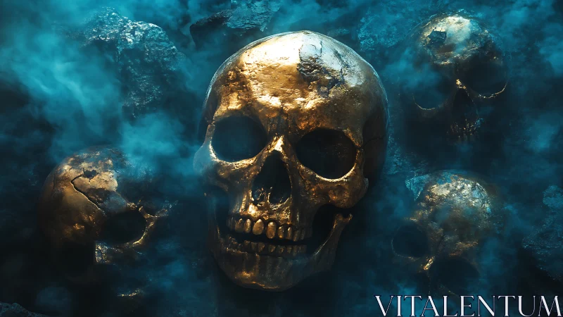 Golden skulls emerge through eerie teal fog in darkness.