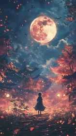 Luminous harvest moon over lantern lit forest pathscape.