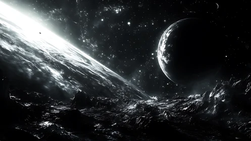 Alien moon horizon beneath luminous crescent planet