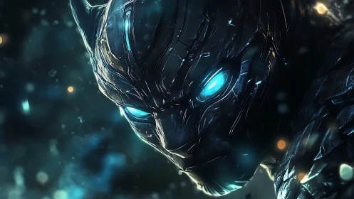 Metallic feline-inspired mask with illuminated blue eye slits