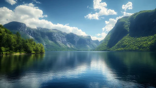 Sunlit fjord lake reflects steep green mountains and sky