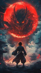 Blood moon roars while a lone samurai measures its fury