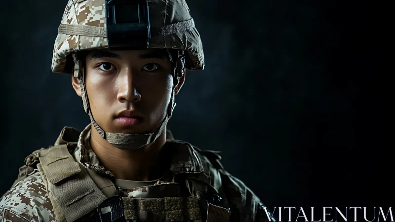 Military portrait with tactical helmet and dark backdrop.