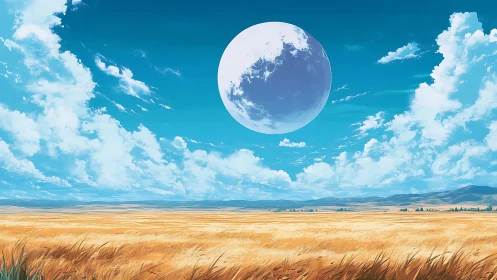 Vast wheat plain under oversized celestial body and high cumulus