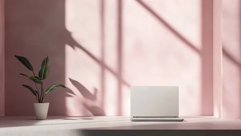Laptop and potted plant on surface against pink wall.