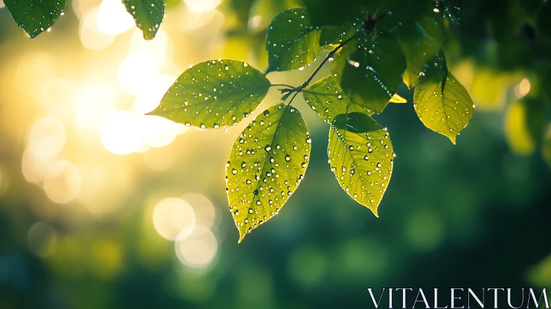 Backlit green leaves with water droplets at sunrise.