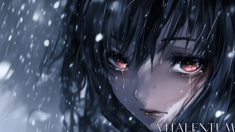 Close-up rain-soaked anime portrait reveals glossy tear rendering