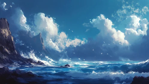 Storm-kissed seascape where thunderclouds crown the horizon.