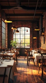 Sunlit brick bistro glows with rustic industrial warmth.