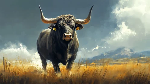 Large horned bull stands in open grassland under cloudy sky