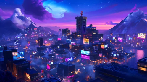 Neon-lit cyberpunk harbor city under volcanic mountains at dusk