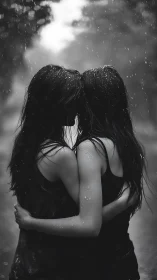 Monochromatic Silhouette: Twin Figures Embracing in Precipitation.